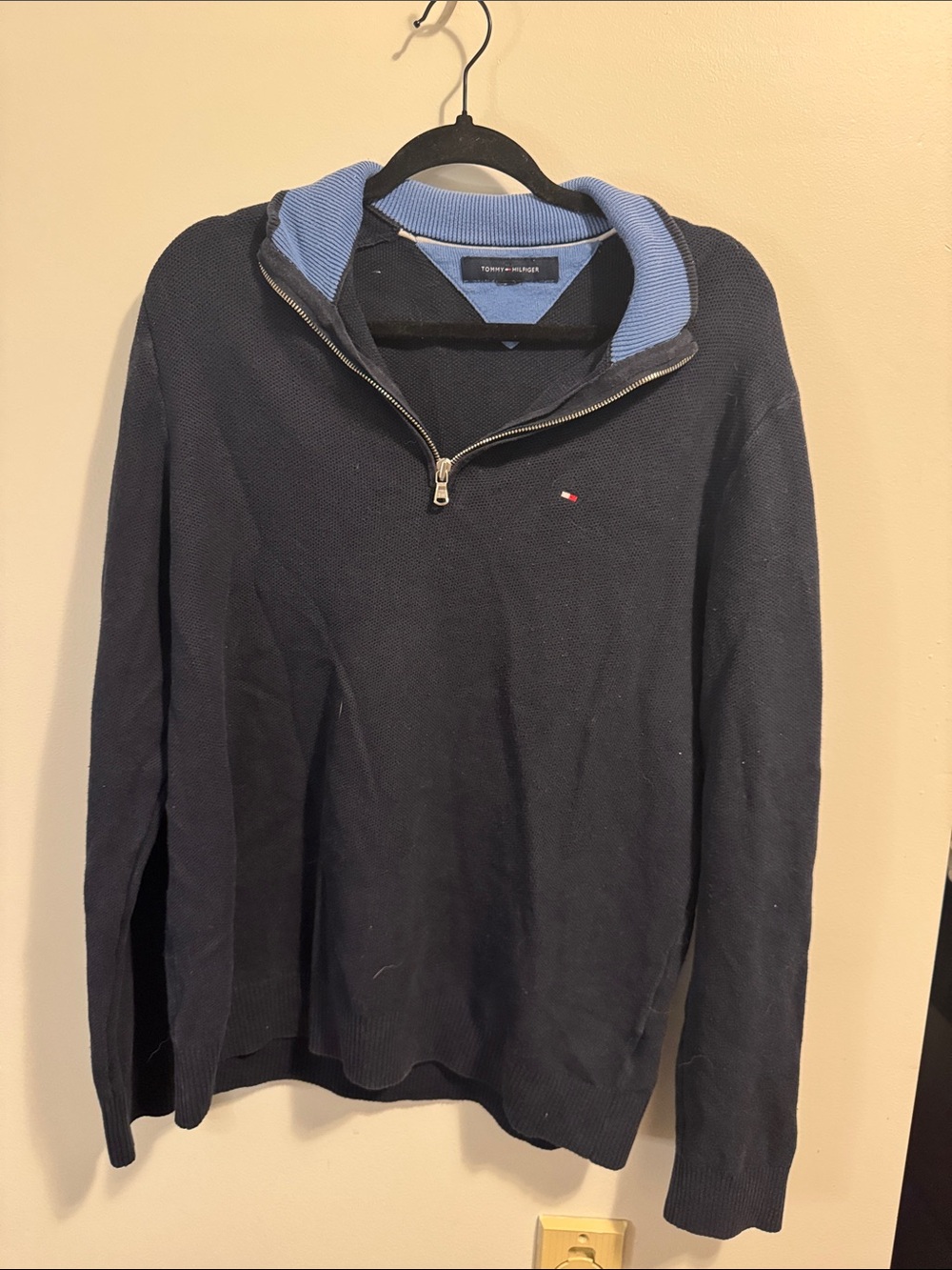 Tommy Hilfiger Navy Quarter-Zip Sweater with Light Blue Collar